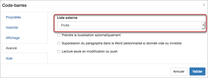 Sélection de la liste externe dans les propriétés du champ code-barres.