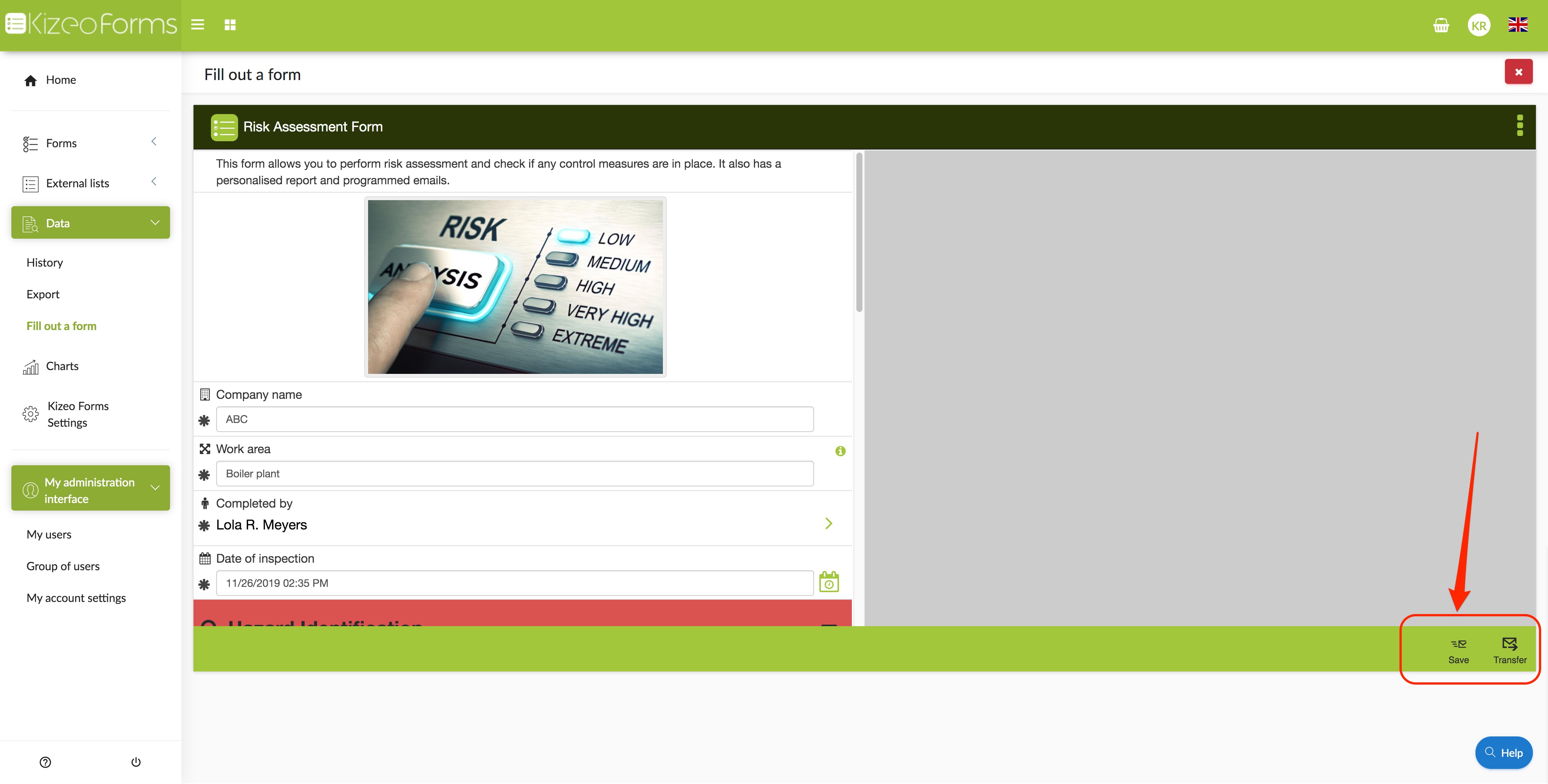save or transfer form on the online platform