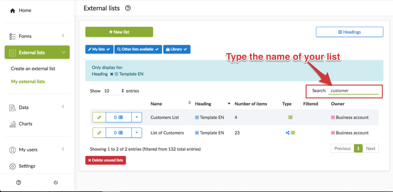 External list search bar with Kizeo Forms