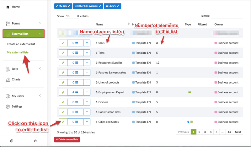 External lists page and its elements