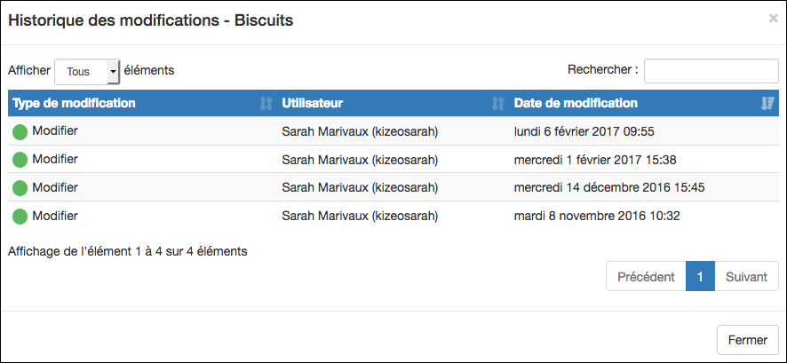 Cliquez sur Historique pour afficher l’historique de modification de votre liste externe
