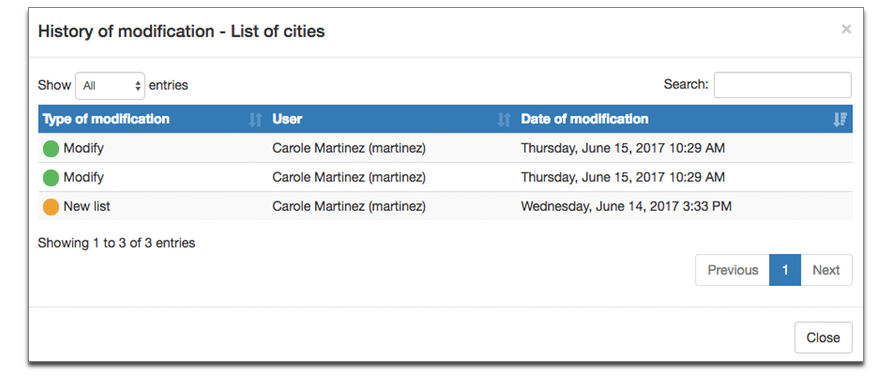External List history changes