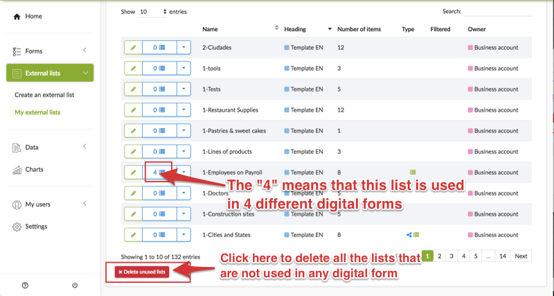 How to delete unused external lists