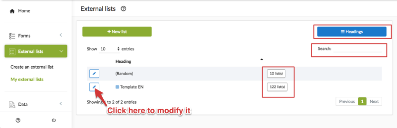 Search and edit the external list headings