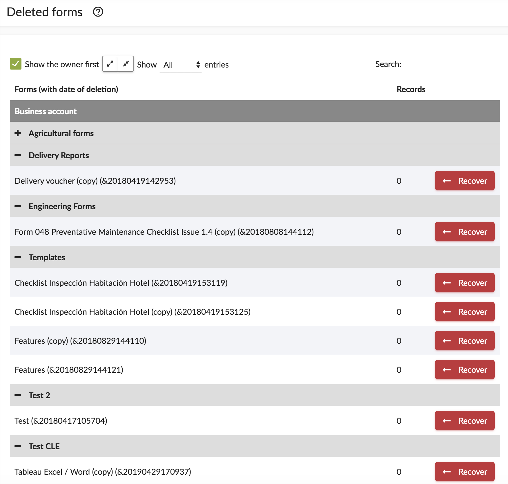Recover button to recover your deleted form