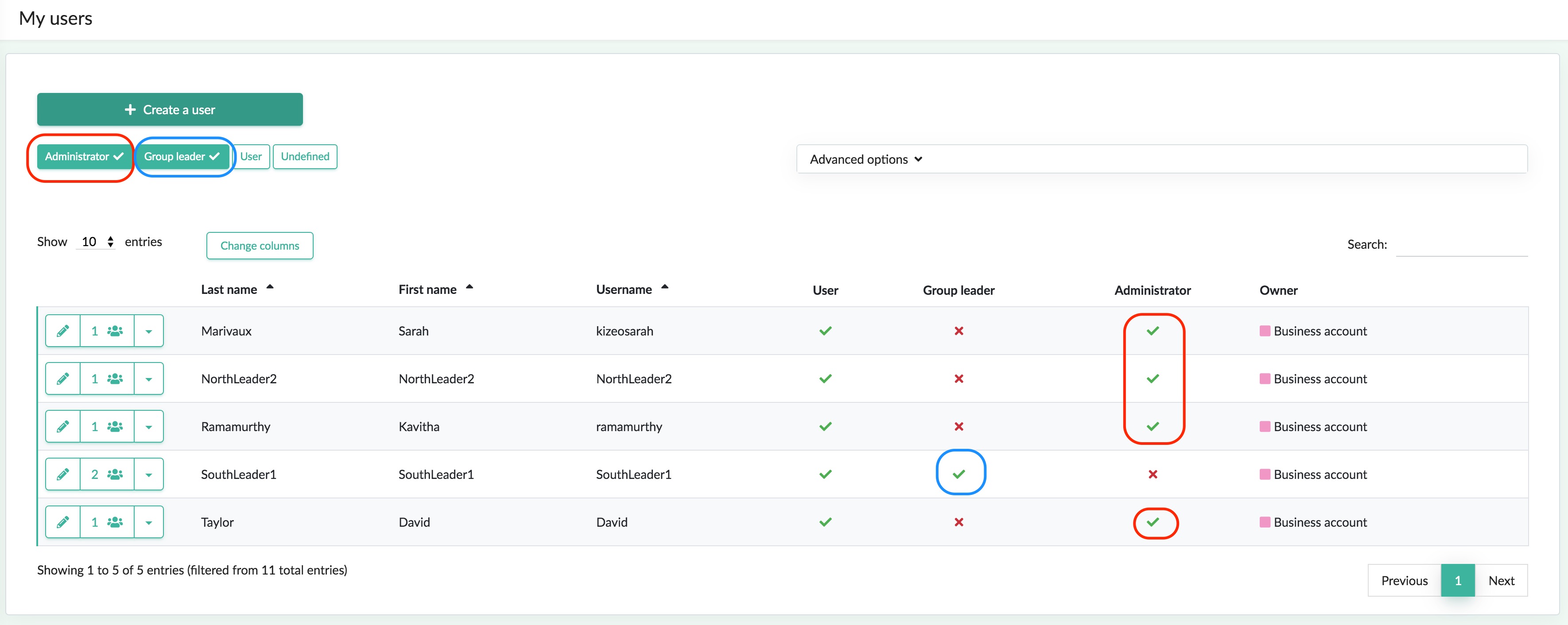 Select user type to filter
